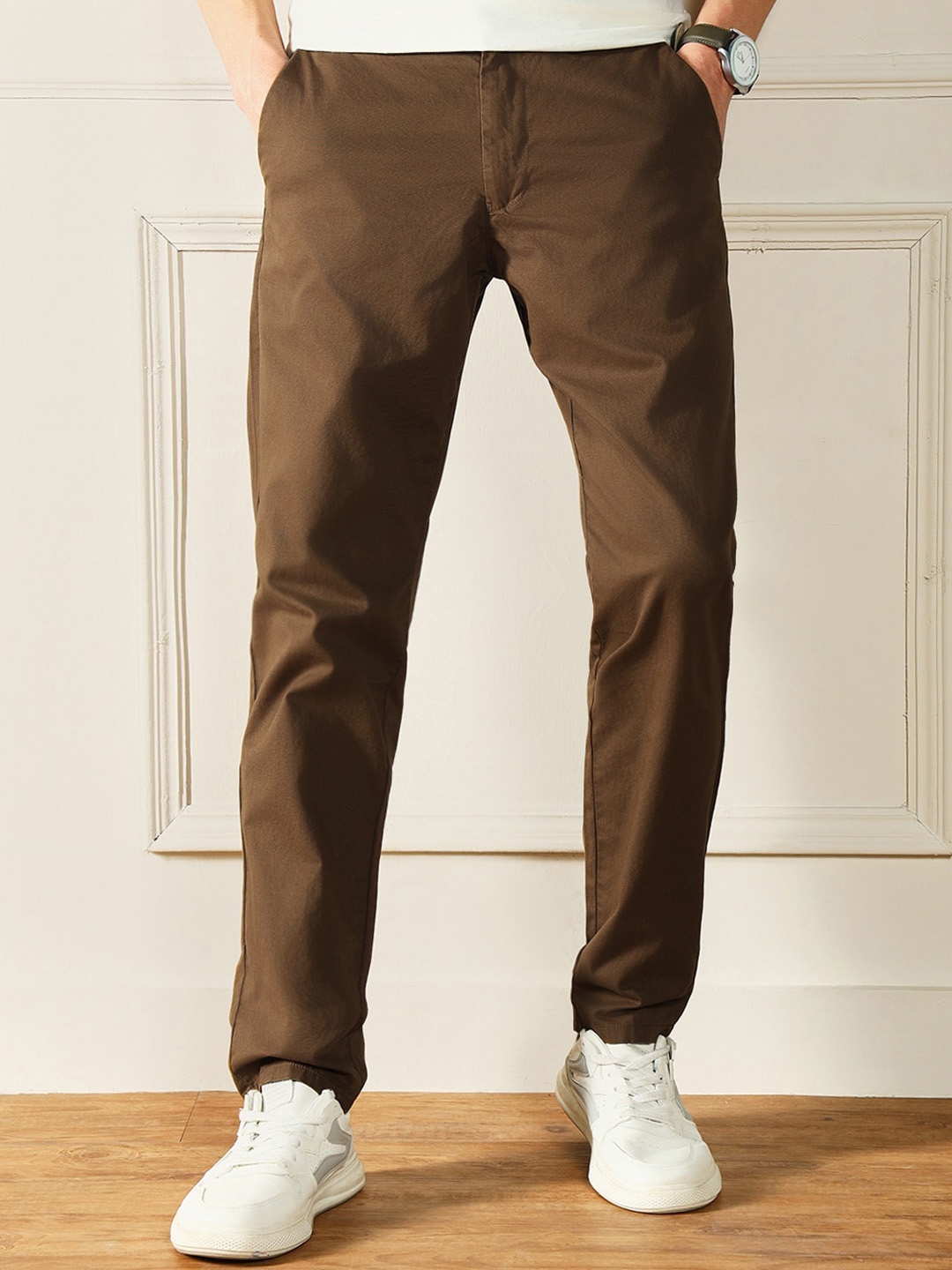 

Dennis Lingo Men Slim Fit Mid-Rise Cotton Chinos, Khaki