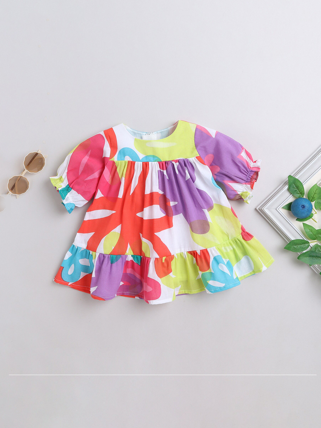 

MANY FROCKS & Girls Round Neck Print Puff Sleeve Empire cotton Dress, White