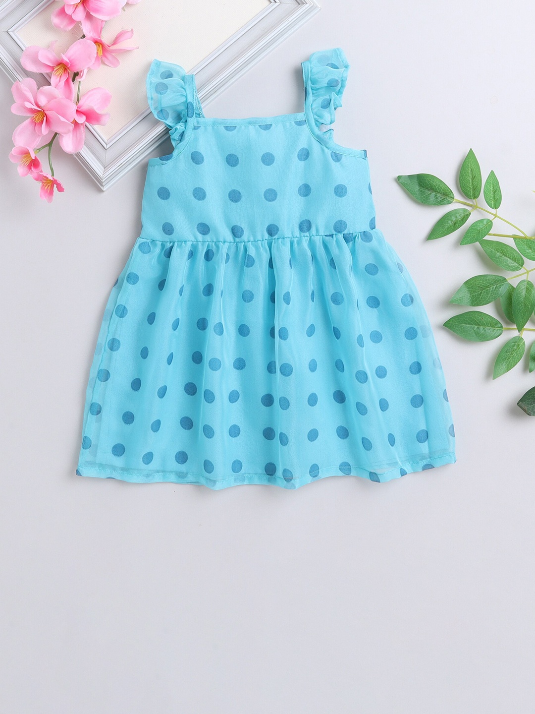 

MANY FROCKS & Girls Polka Dot Printed Fit & Flare Dress, Blue
