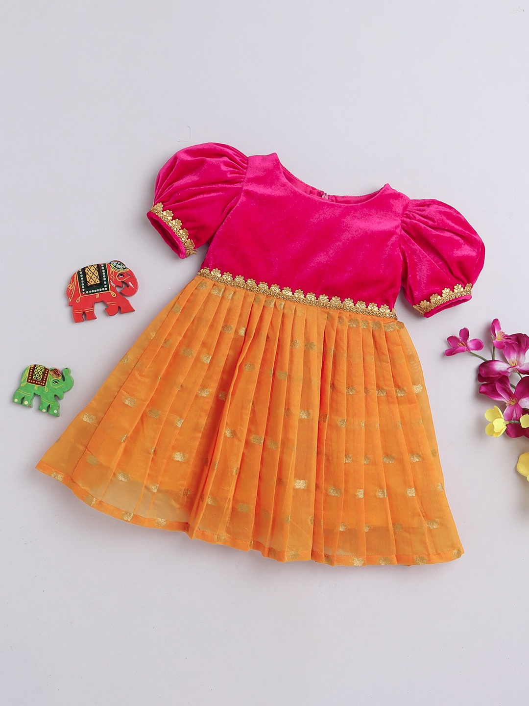 

MANY FROCKS & Polka Dot Puff Sleeve Fit & Flare Dress, Pink