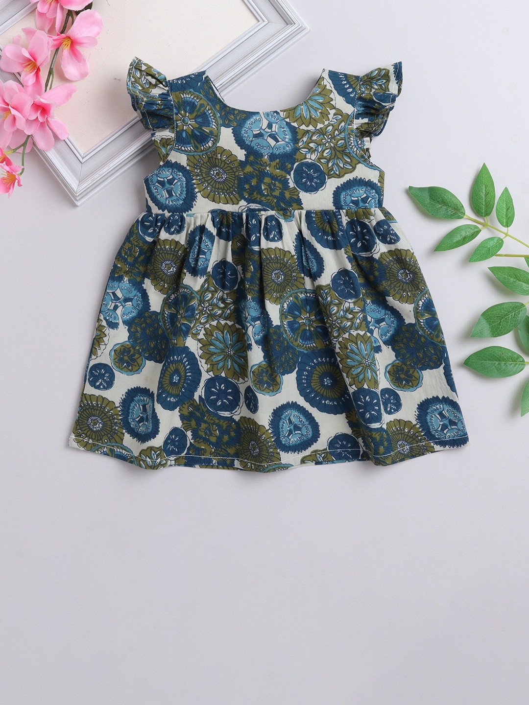 

MANY FROCKS & Infant Girls Floral Printed Pure Cotton Fit & Flare Dress, Blue