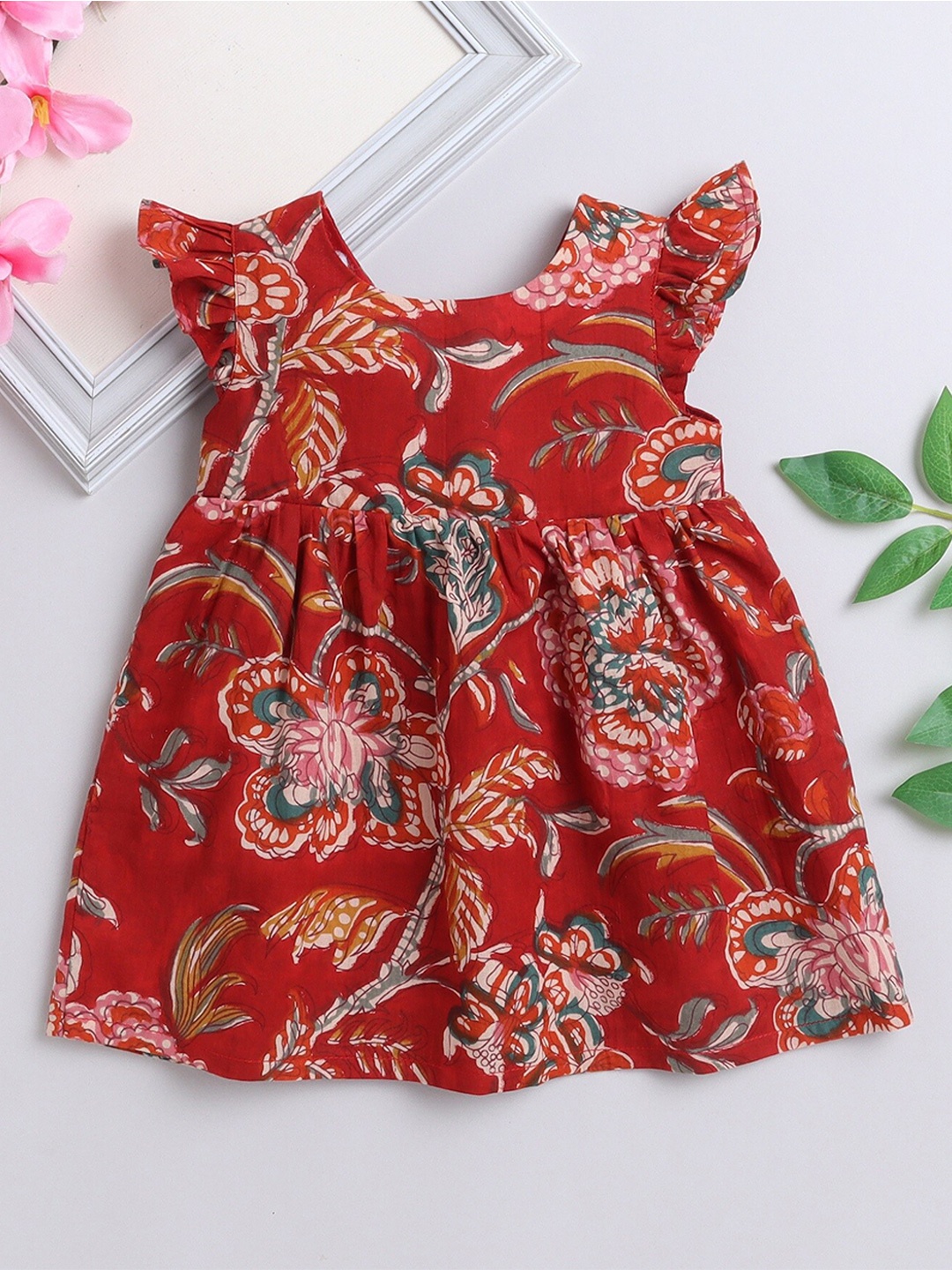 

MANY FROCKS & Girls Ethnic Motifs Print Flutter Sleeves Cotton Fit & Flare Dress, Maroon