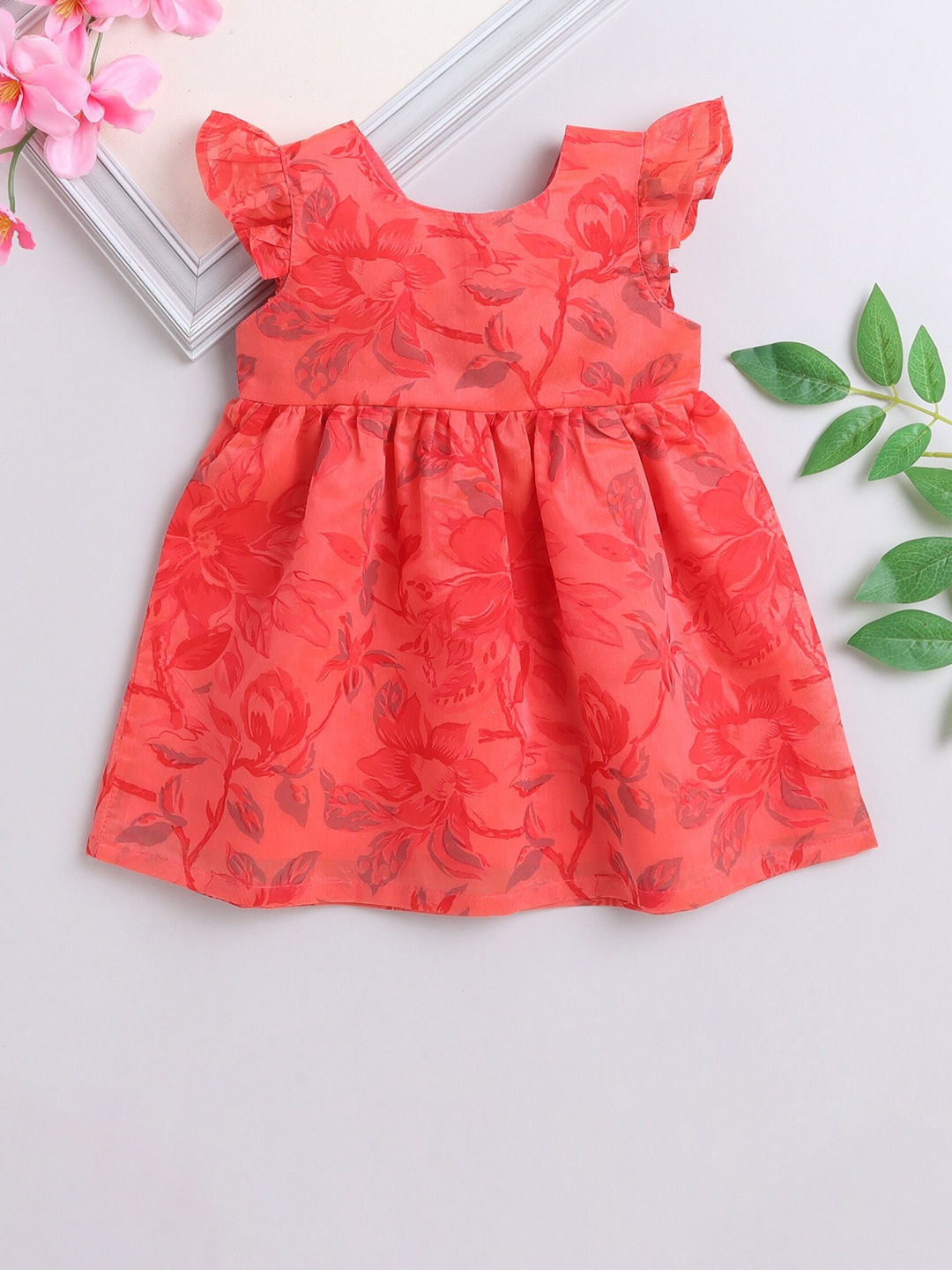 

MANY FROCKS & Girls Floral Flutter Sleeve Fit & Flare Dress, Red