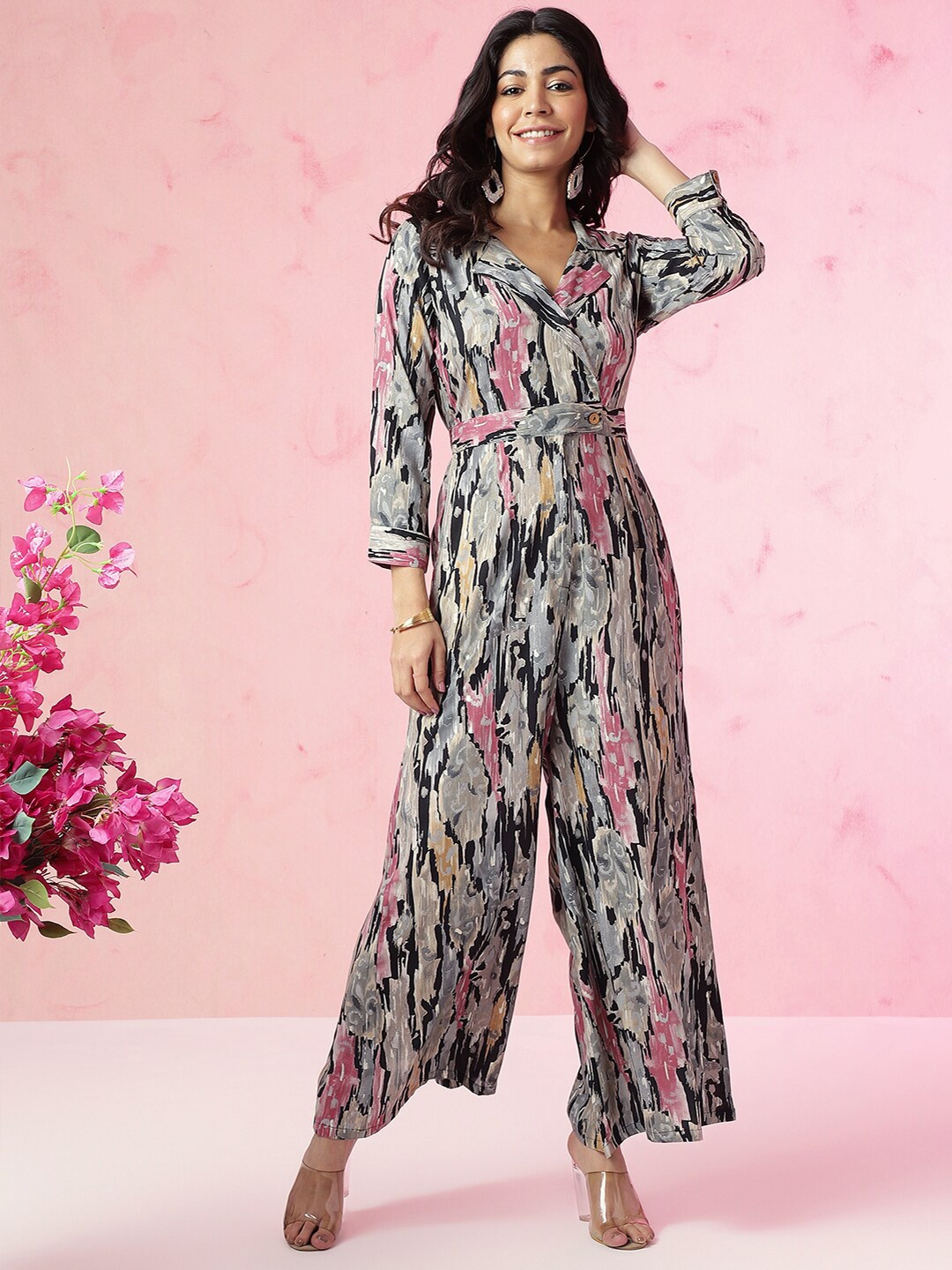 

Anouk Shawl Neck Printed Basic Jumpsuit, Black