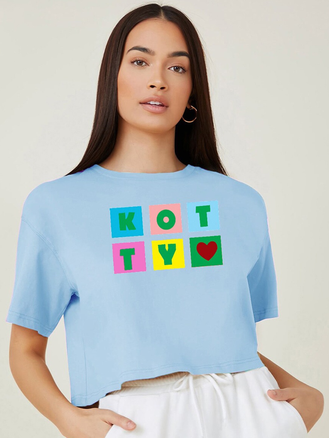 

Kotty Blue Typography Printed Drop-Shoulder Sleeves Cotton Oversized Crop T-shirt