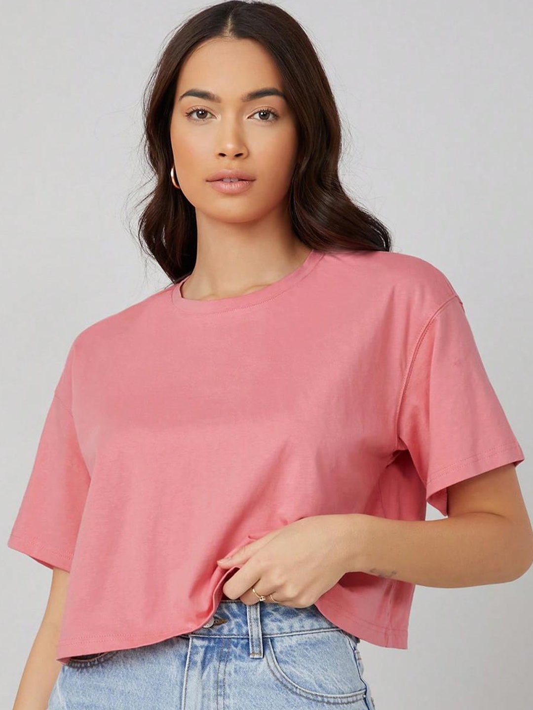 

KOTTY Basics Pink Round Neck Drop-Shoulder Sleeves Crop Oversized T-shirt