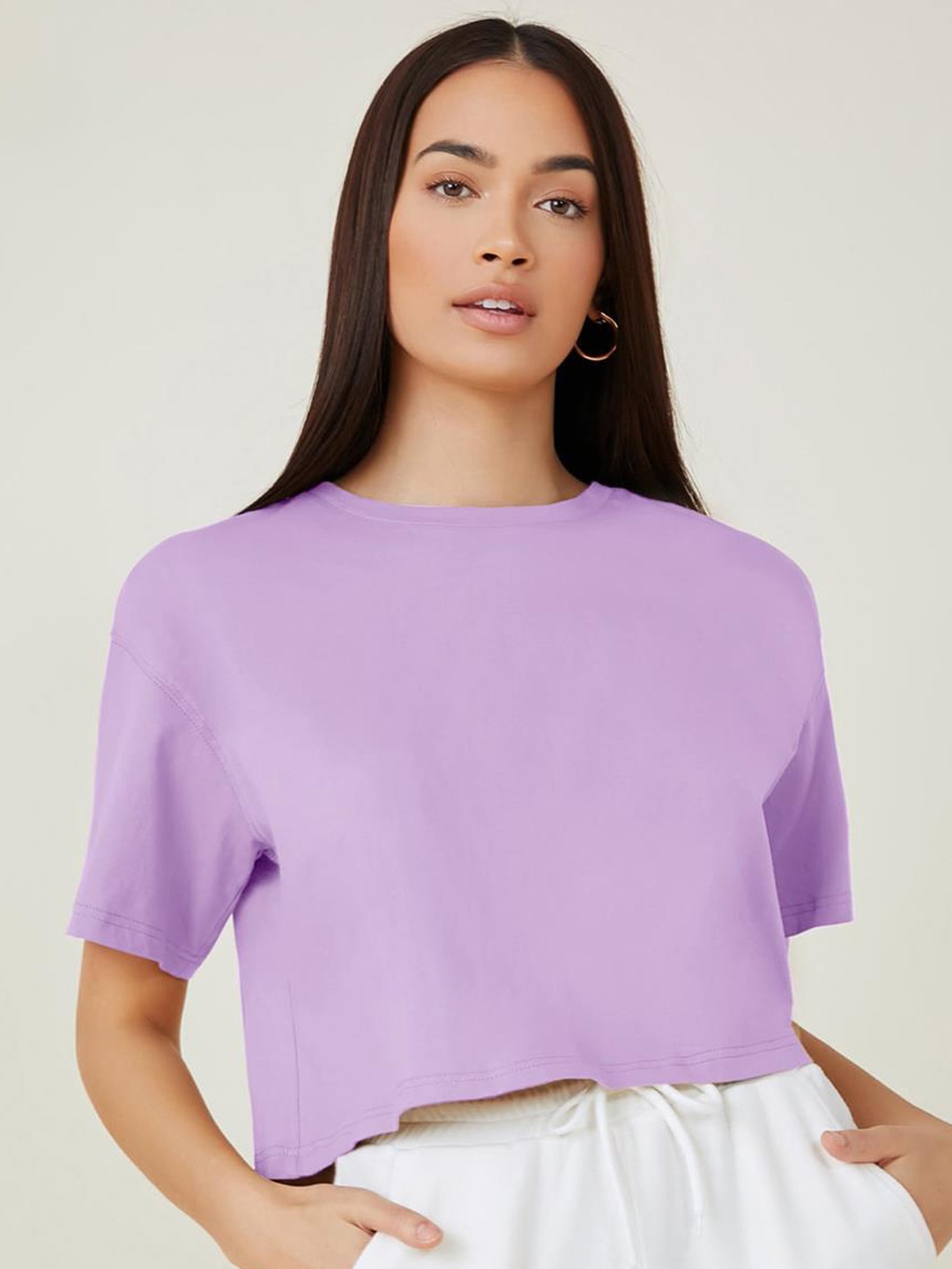 

KOTTY Basics Purple Round Neck Drop-Shoulder Sleeves Crop Oversized T-shirt