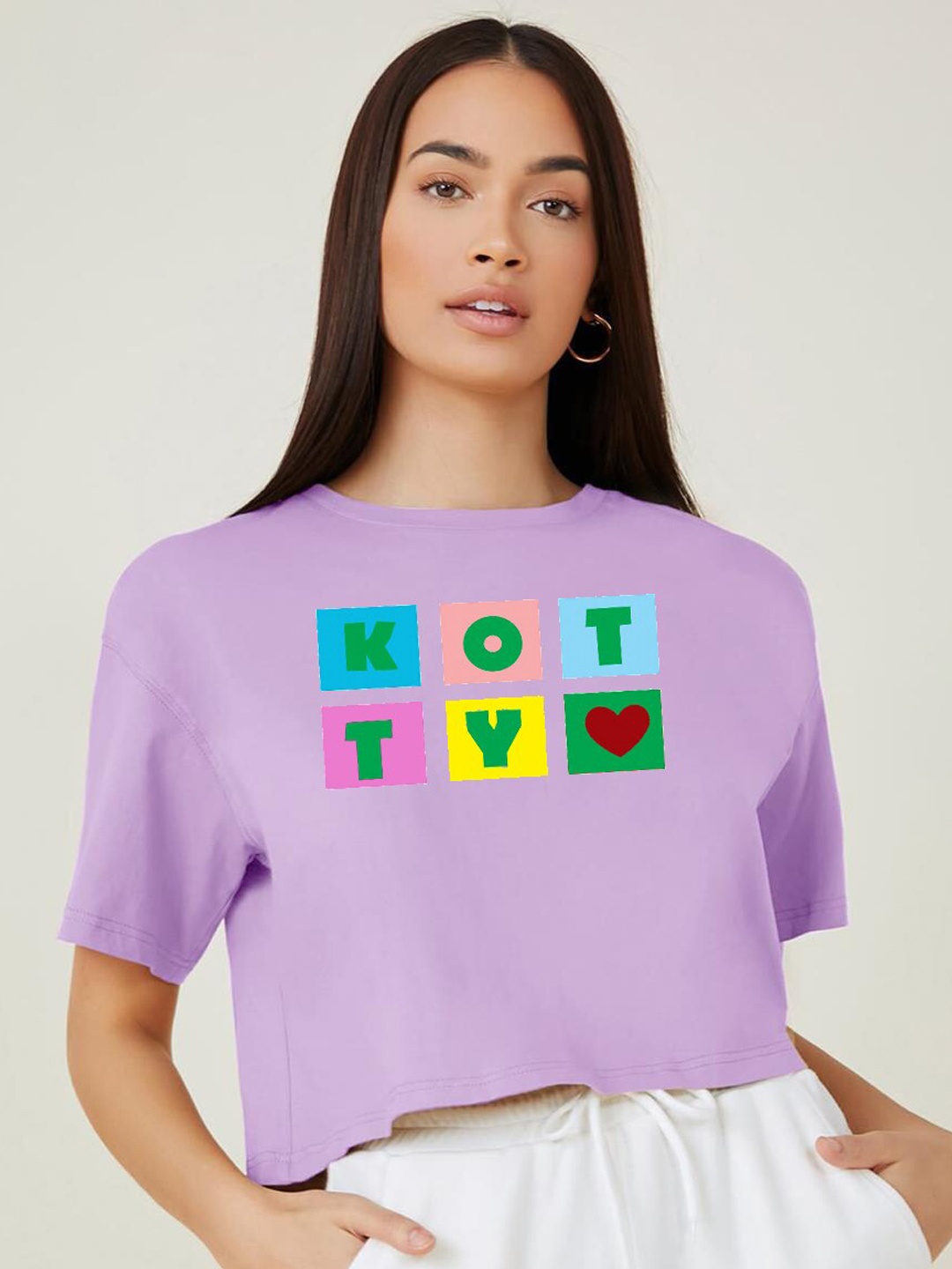 

Kotty Purple Printed Round Neck Drop-Shoulder Sleeves Crop Oversized T-shirt
