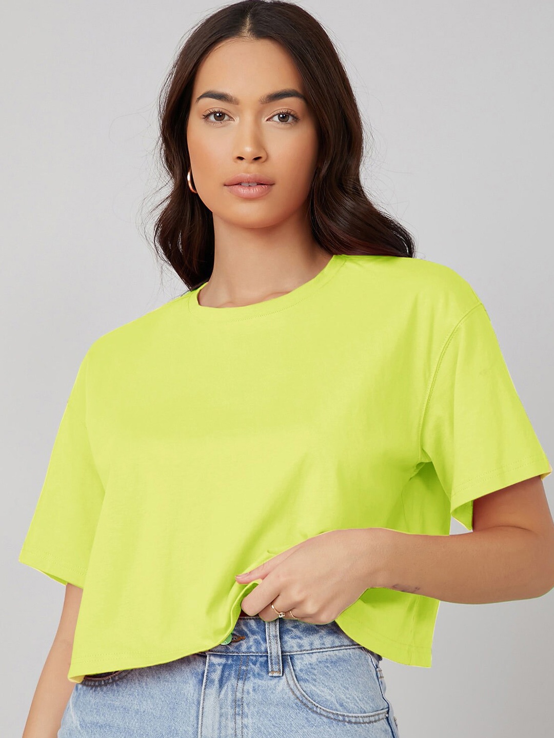 

KOTTY Basics Yellow Round Neck Drop-Shoulder Sleeves Crop Oversized T-shirt