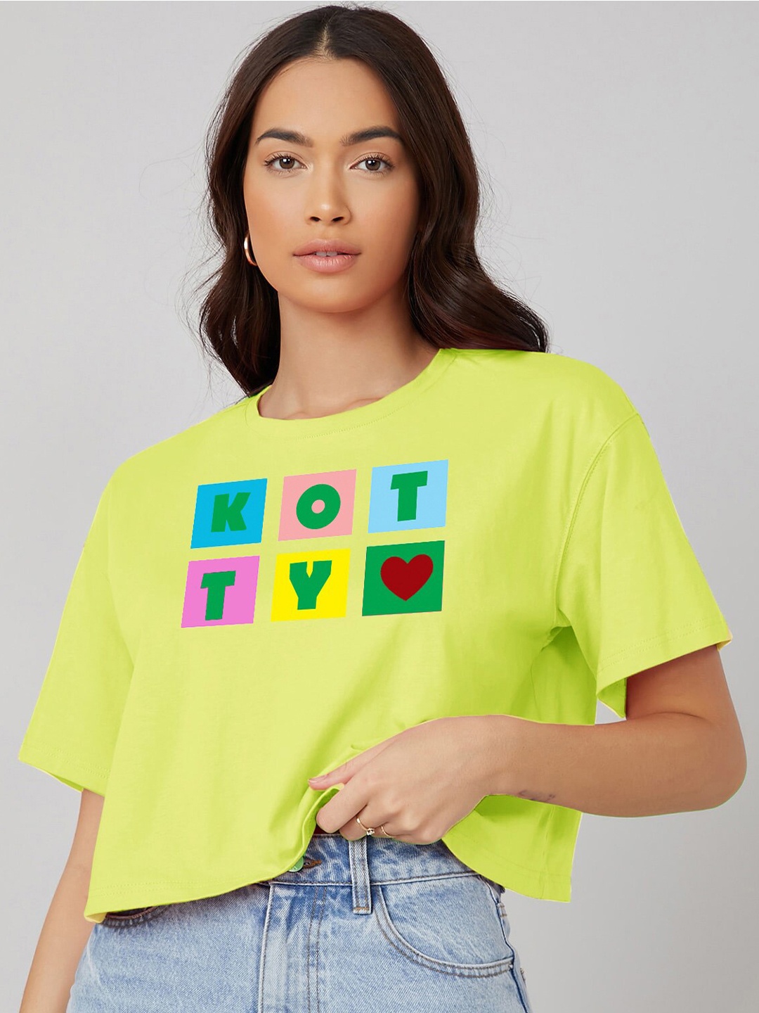 

Kotty Typography Printed Round Neck Oversized T-shirt, Yellow