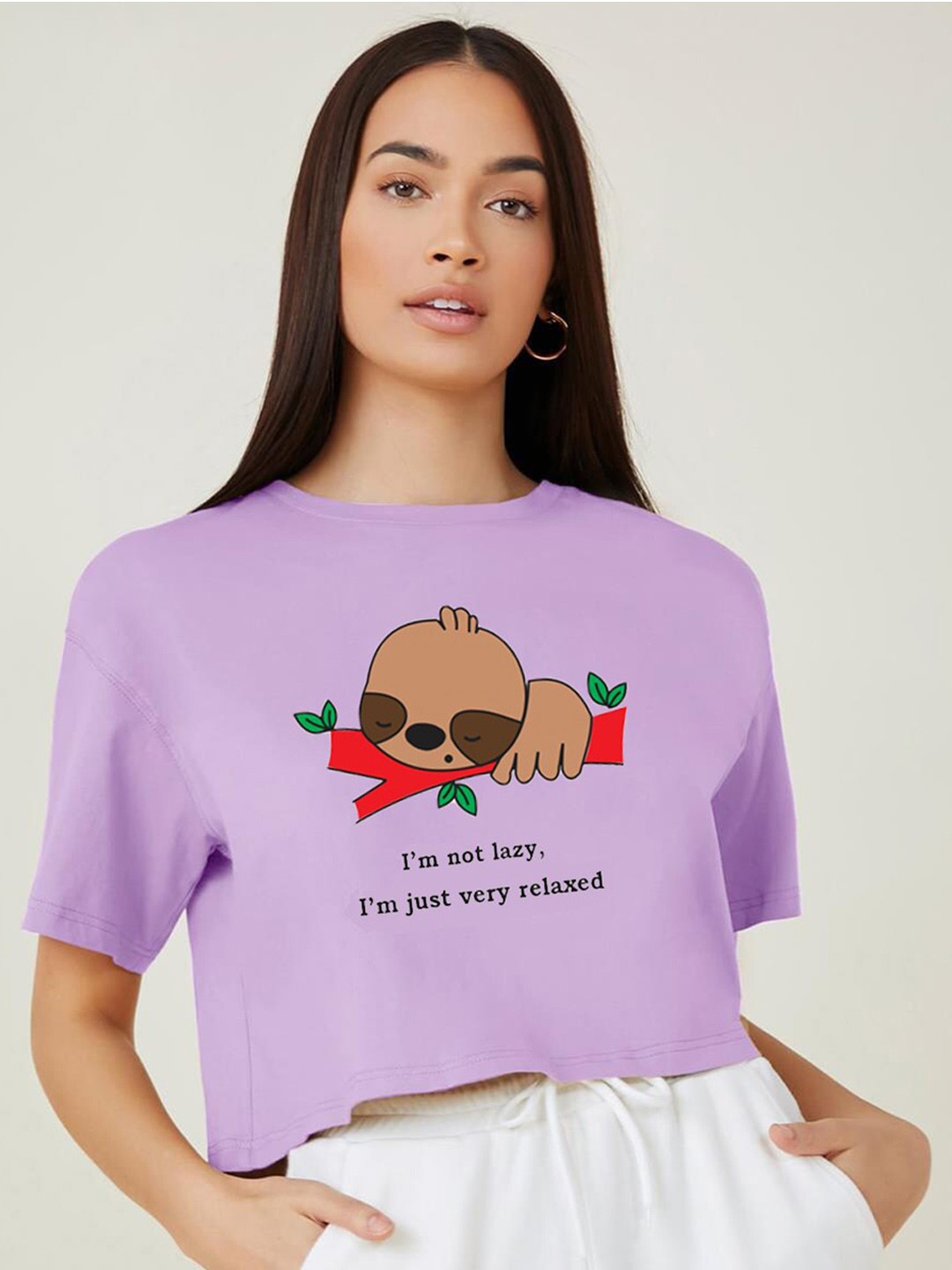 

Kotty Printed Round Neck Crop Oversized T-shirt, Purple