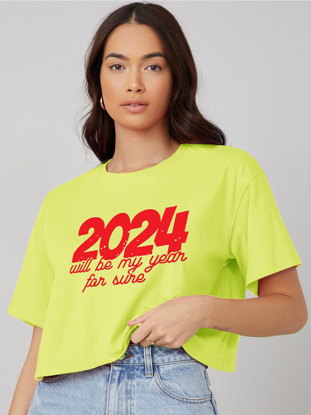 

Kotty Typography Printed Round Neck Crop Oversized T-shirt, Yellow