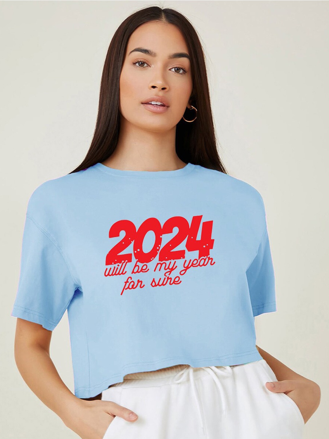

Kotty Typography Printed Round Neck Crop Oversized T-shirt, Blue