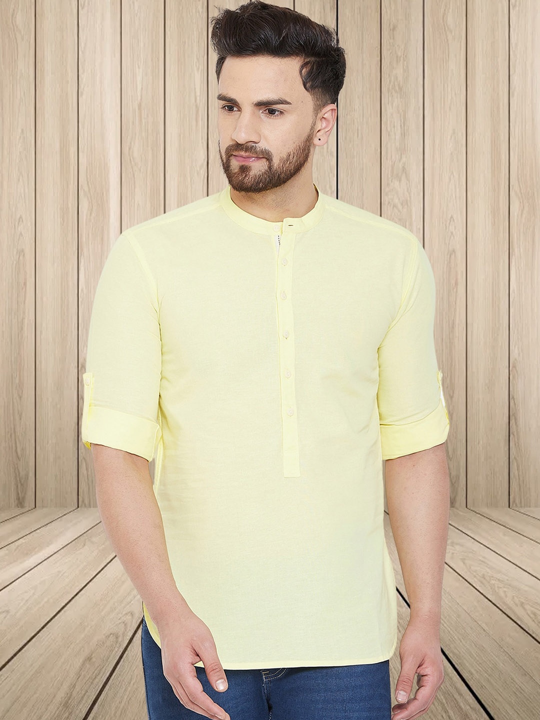 

even Men Striped Thread Work Kurta, Yellow