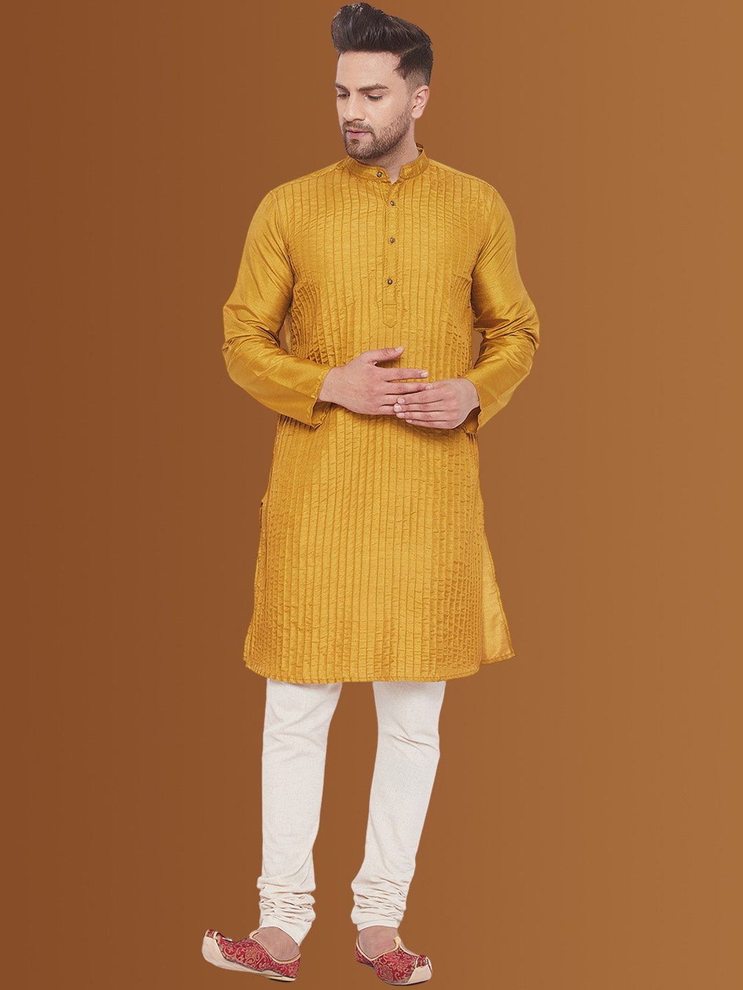 

even Men Thread Work Pathani Kurta, Beige