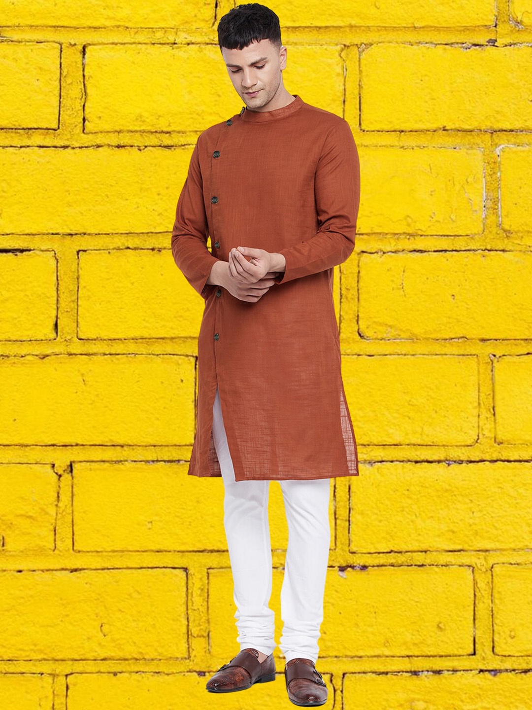 

even Mandarin Collar Long Sleeves Straight Kurta, Brown