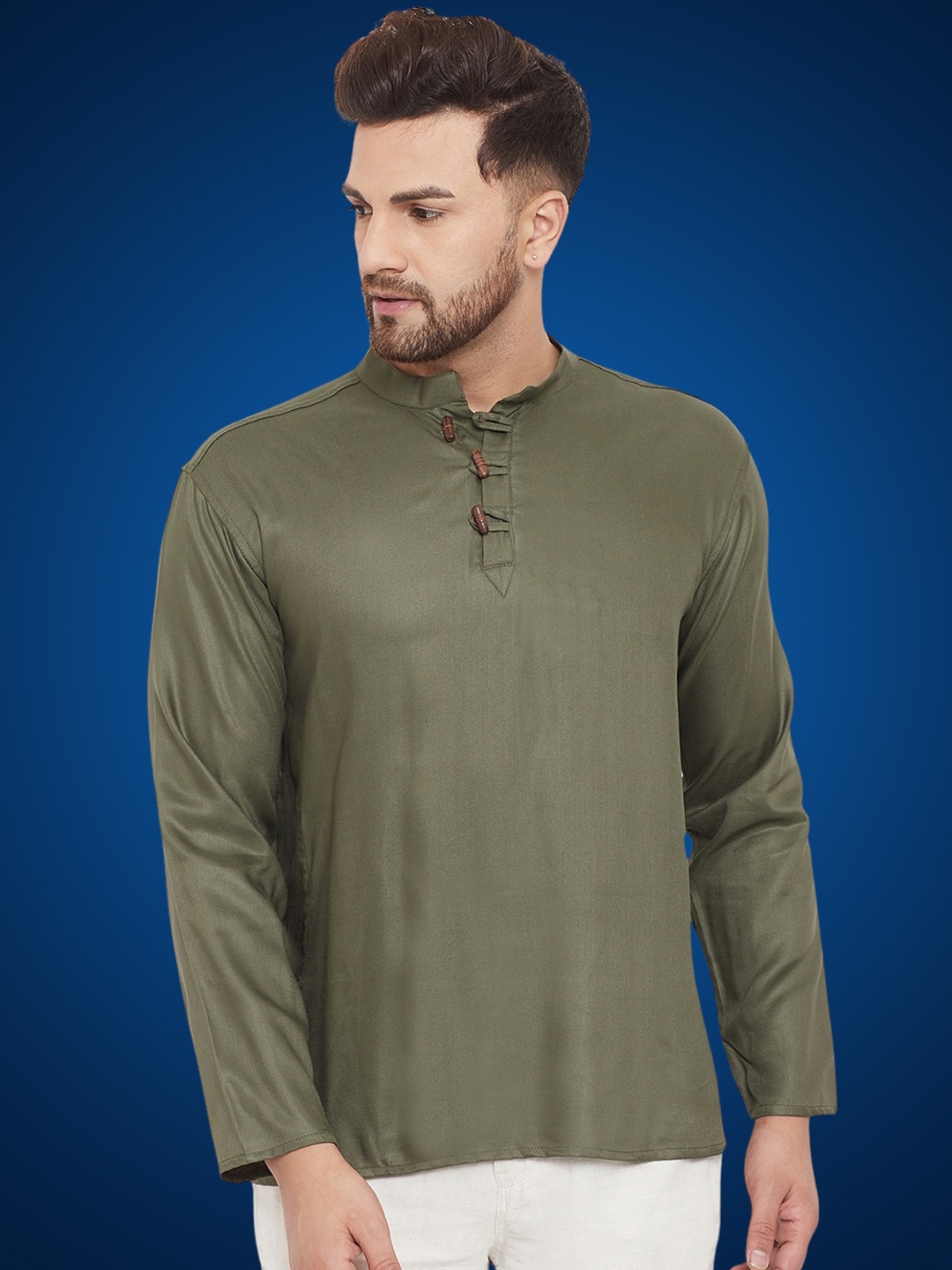 

even Mandarin Collar Long Sleeves Straight Kurta, Green