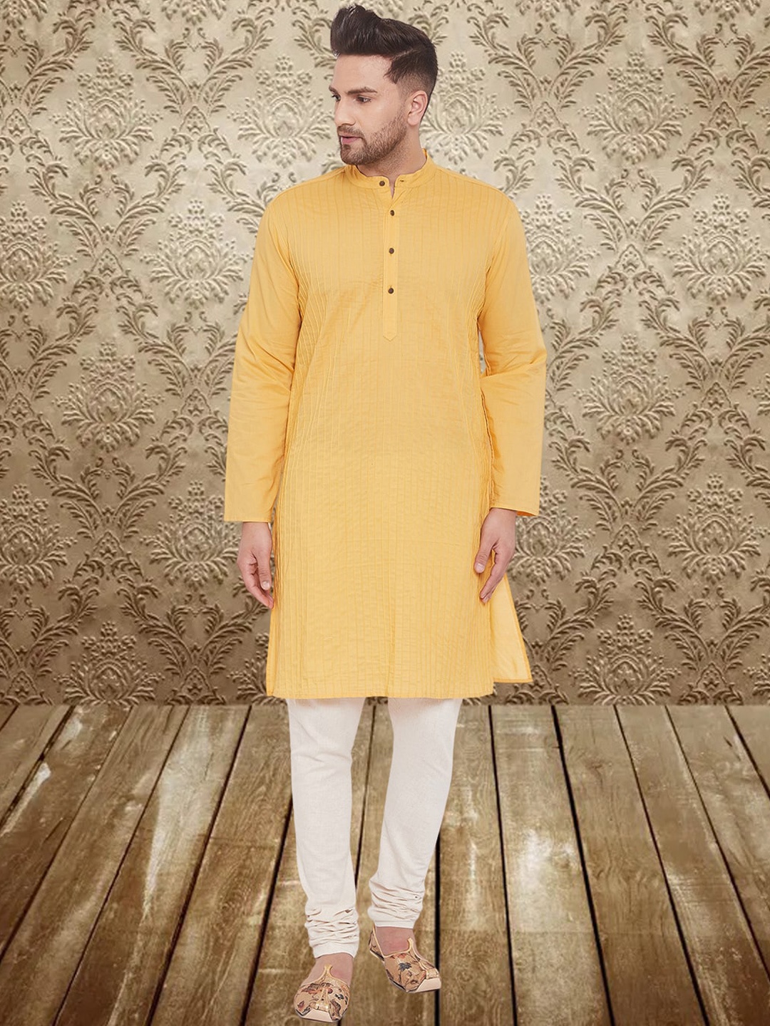 

even Men Thread Work Anarkali Kurta, Yellow
