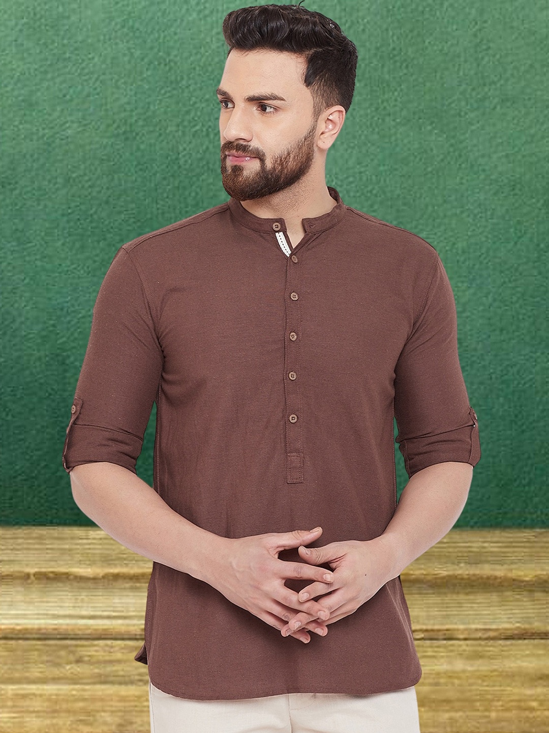 

even Brown Mandarin Collar Roll-Up Sleeves Kurta
