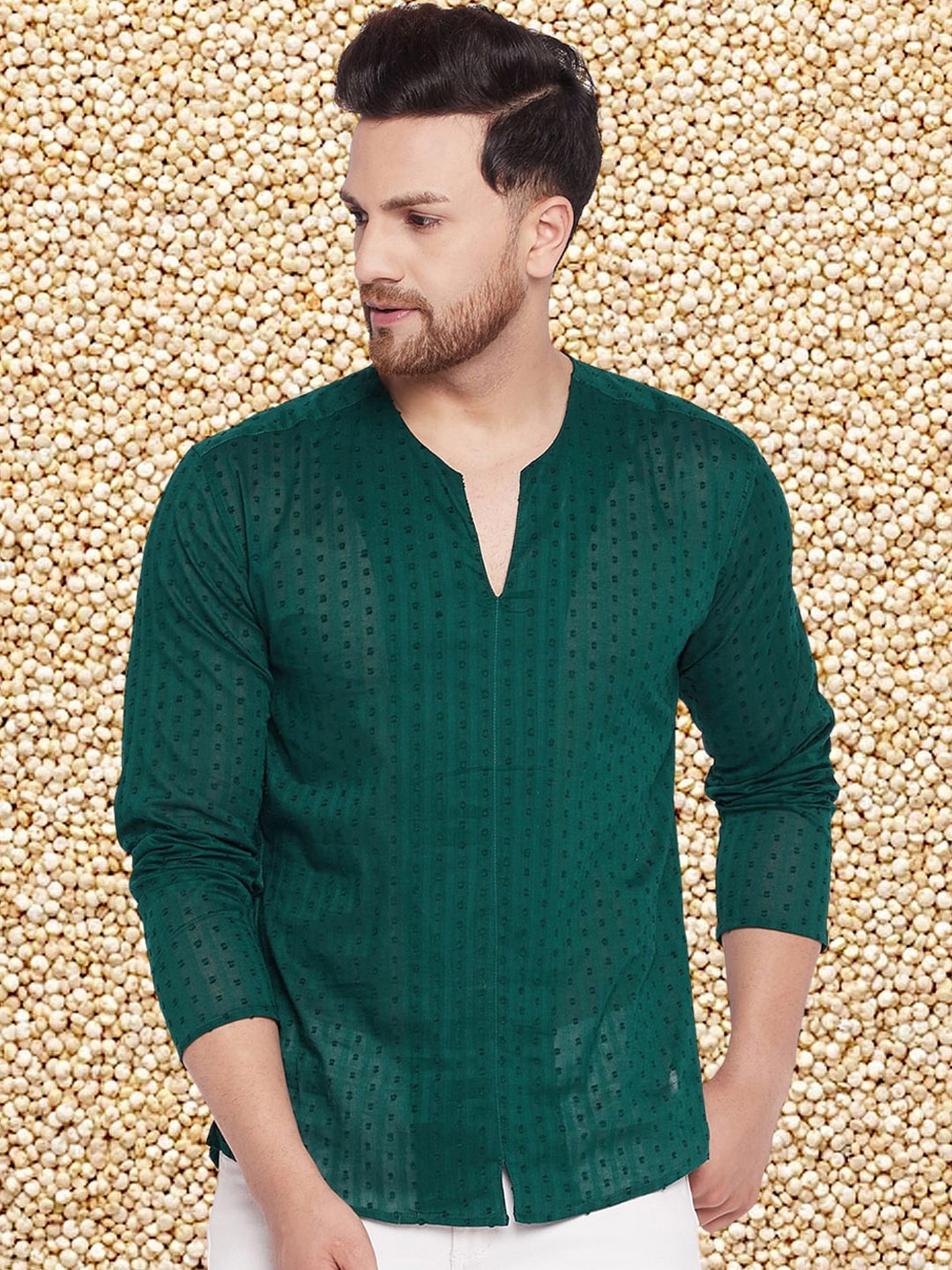 

even Men Geometric Thread Work Kurta, Green