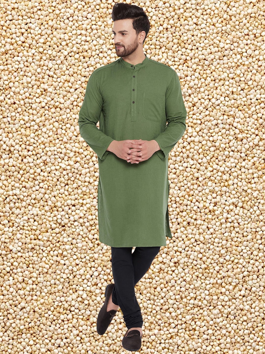 

even Men Geometric Thread Work Pathani Kurta, Green