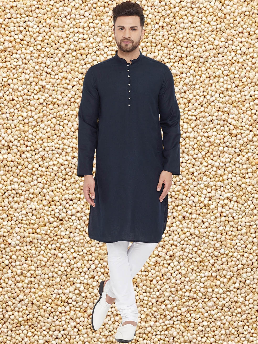 

even Mandarin Collar Straight Pure Cotton Kurta, Navy blue