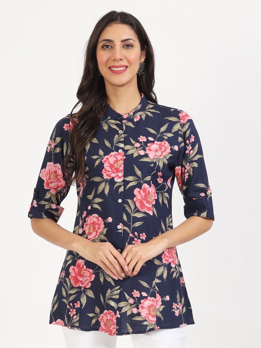 

Divena Floral Printed Mandarin Collar Shirt Style Top, Navy blue