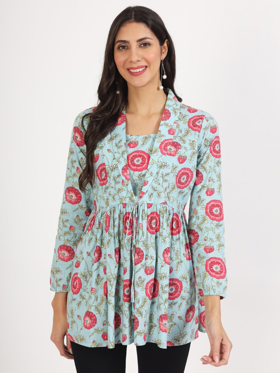 

Divena Floral Printed Cotton Empire Cotton Top, Turquoise blue