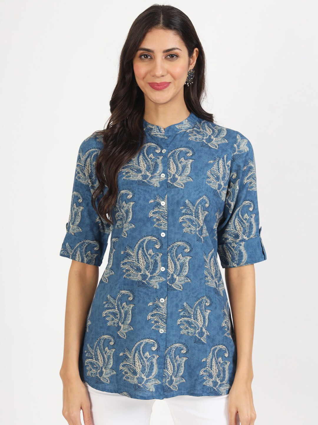 

Divena Floral Printed Mandarin Collar Roll-Up Sleeves Shirt Style Top, Blue