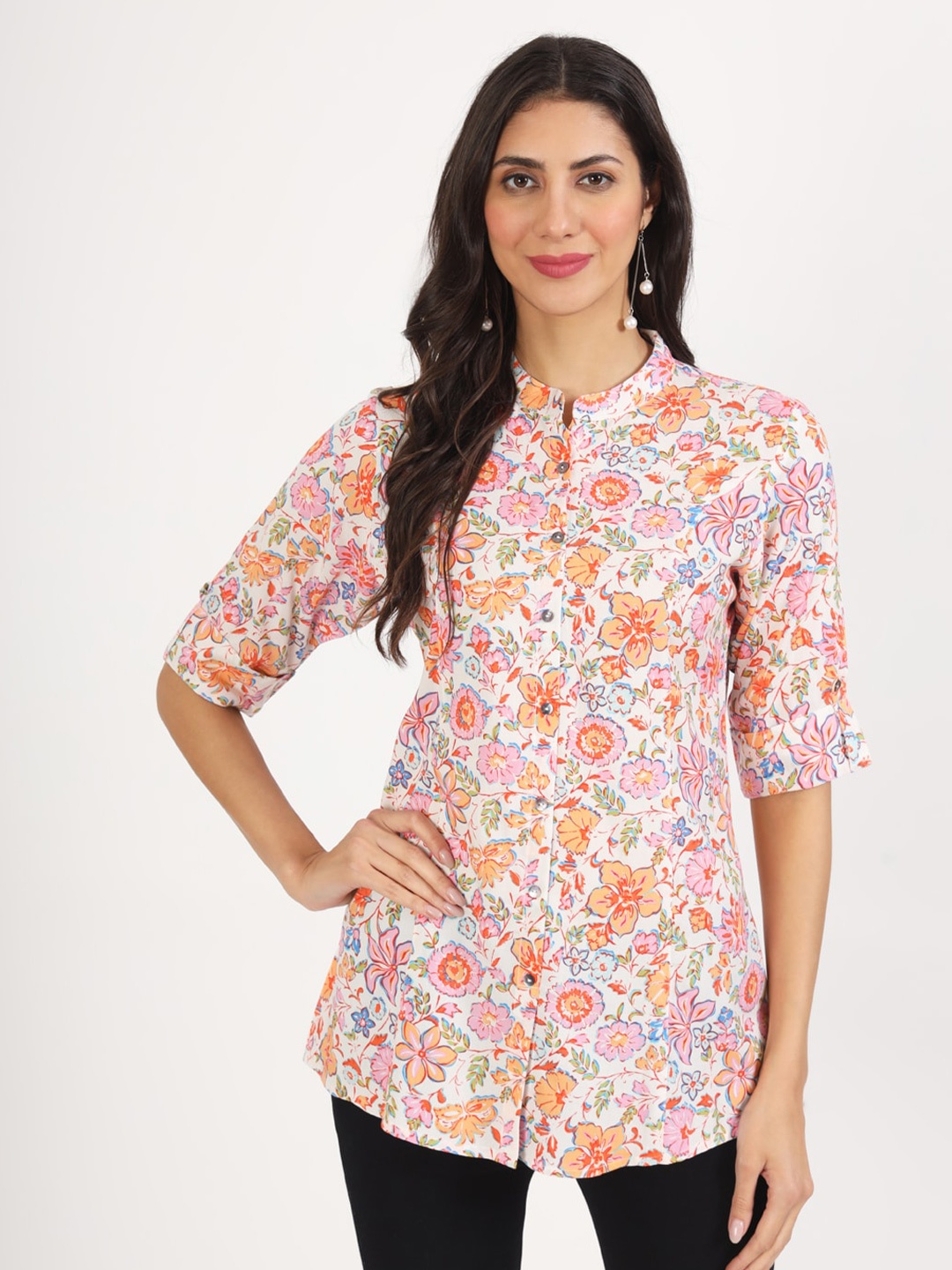 

Divena Floral Printed Mandarin Collar Roll-Up Sleeves Top, Pink