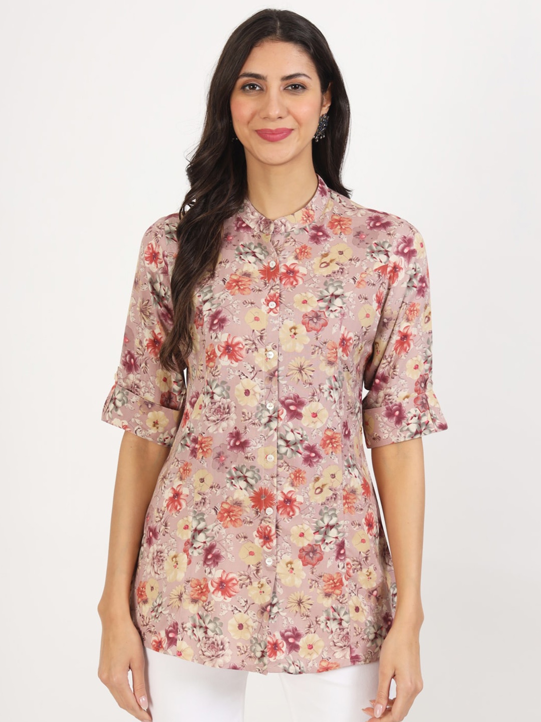 

Divena Floral Printed Mandarin Collar Shirt Style Top, Pink