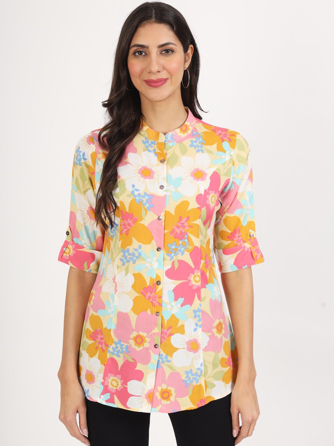 

Divena Floral Printed Mandarin Collar Shirt Style Top, Pink