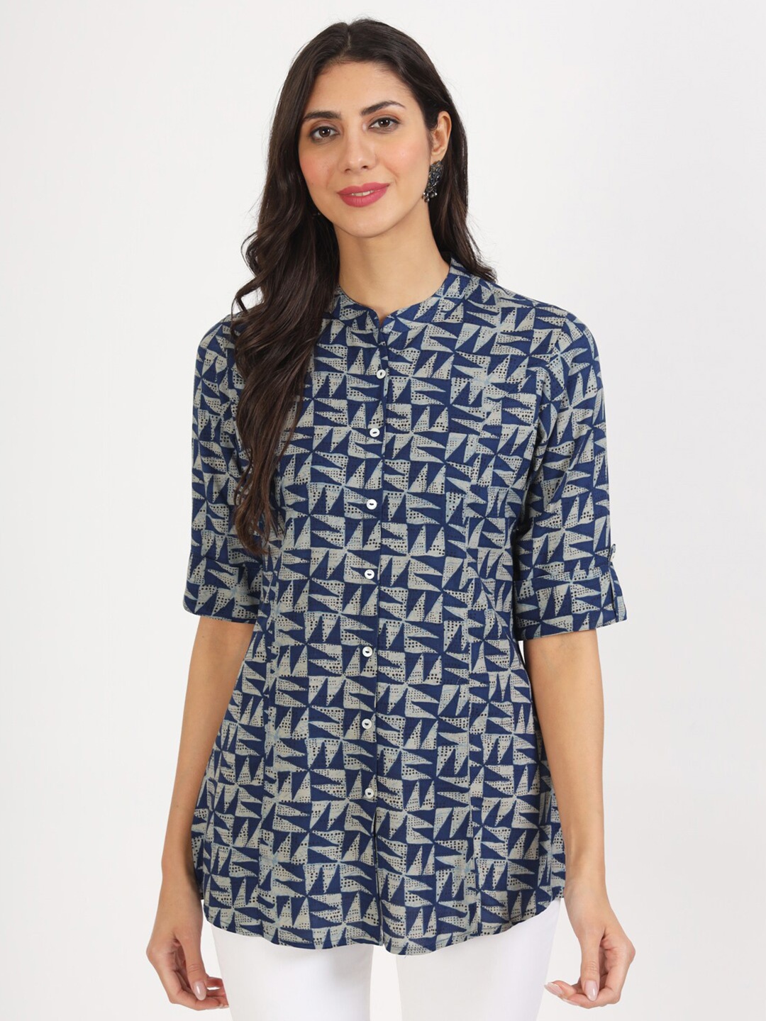 

Divena Floral Printed Mandarin Collar Shirt Style Top, Blue