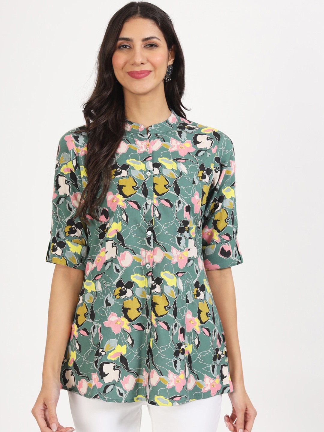 

Divena Floral Printed Mandarin Collar Roll-Up Sleeves Shirt Style Top, Green