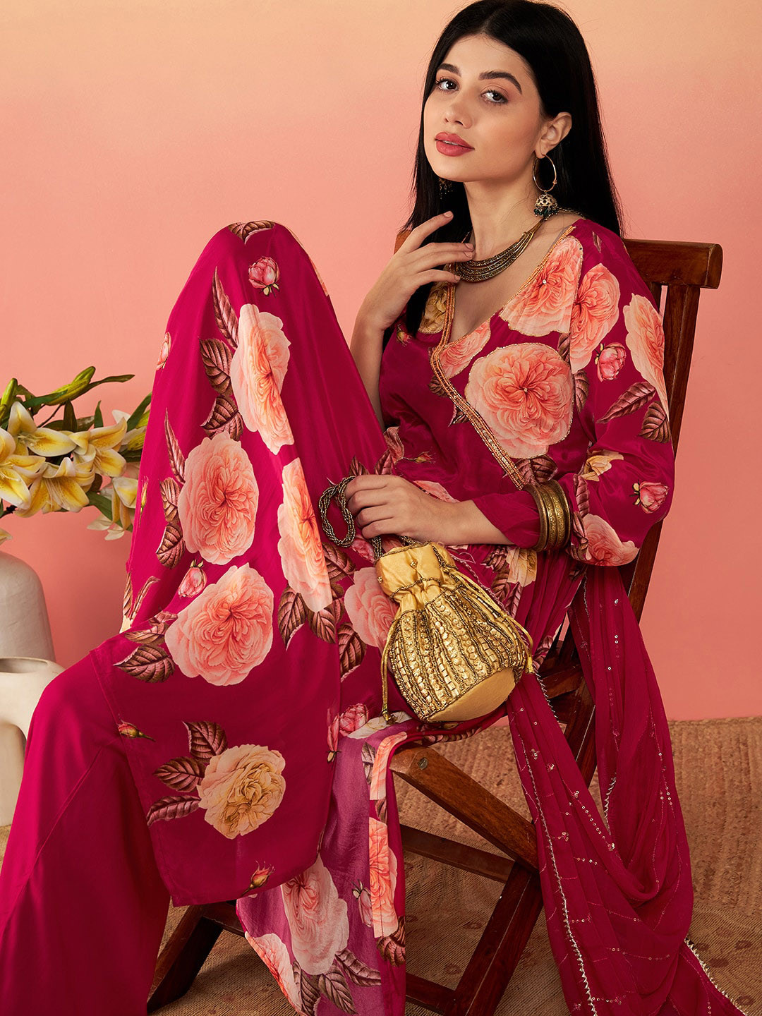 

Sangria Floral Printed A-Line Kurta With Palazzo & Dupatta Set, Fuchsia