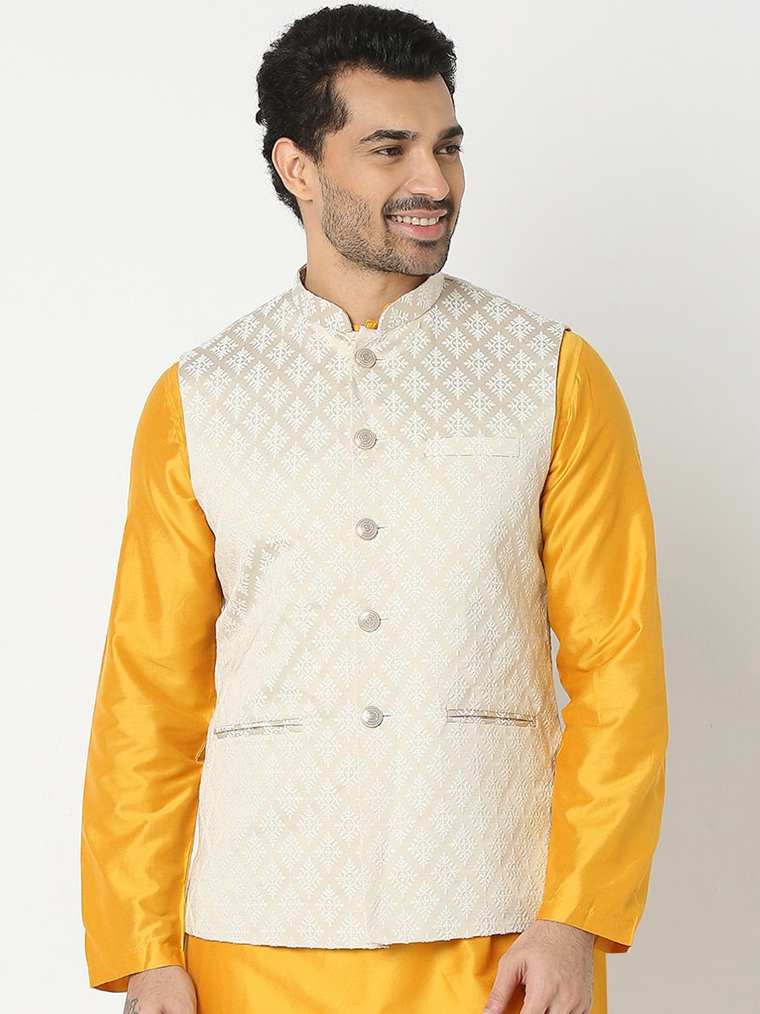 

Ethnicity Woven-Designed Nehru Jacket, Cream