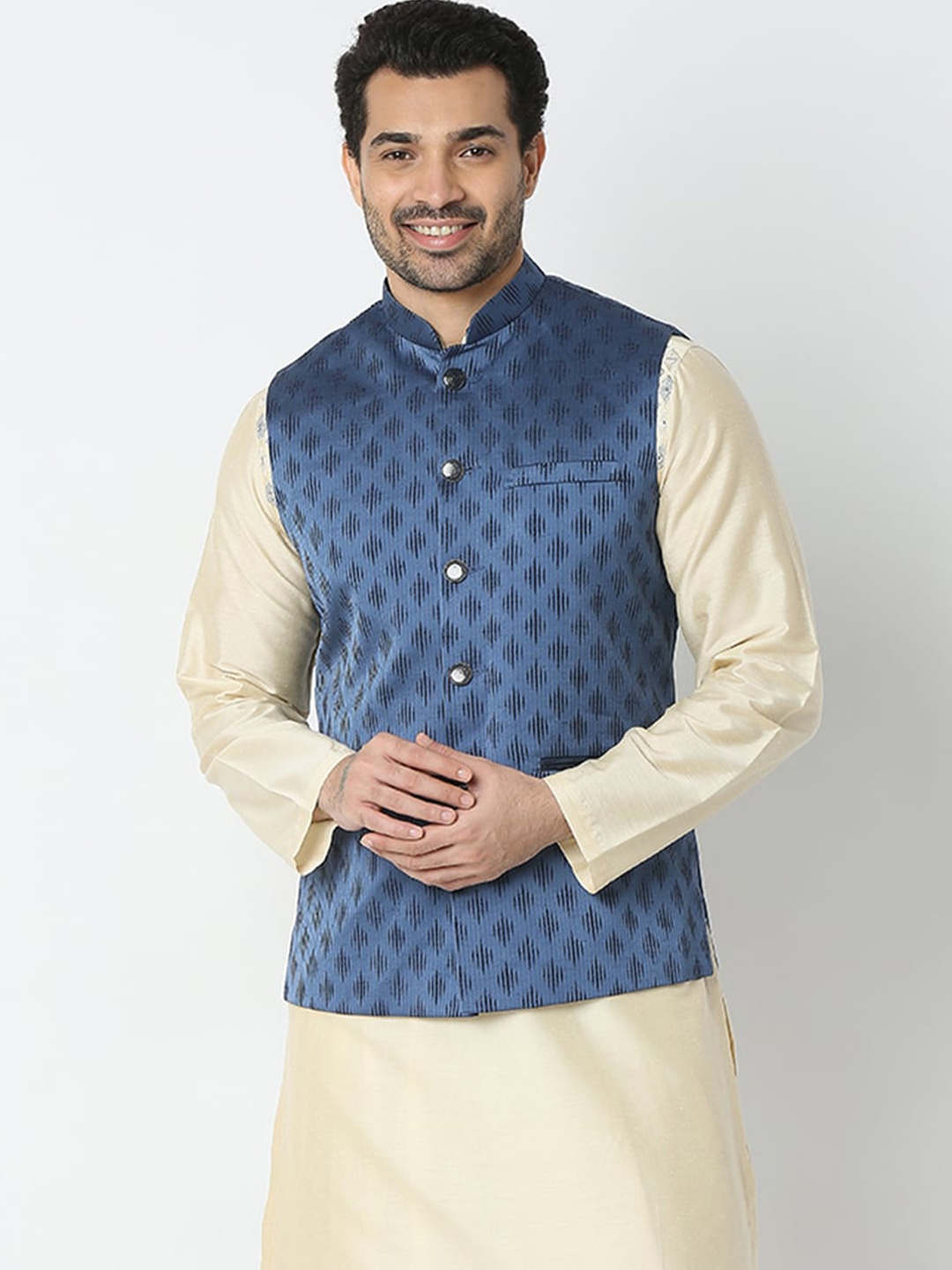 

Ethnicity Printed Woven Nehru Jacket, Navy blue
