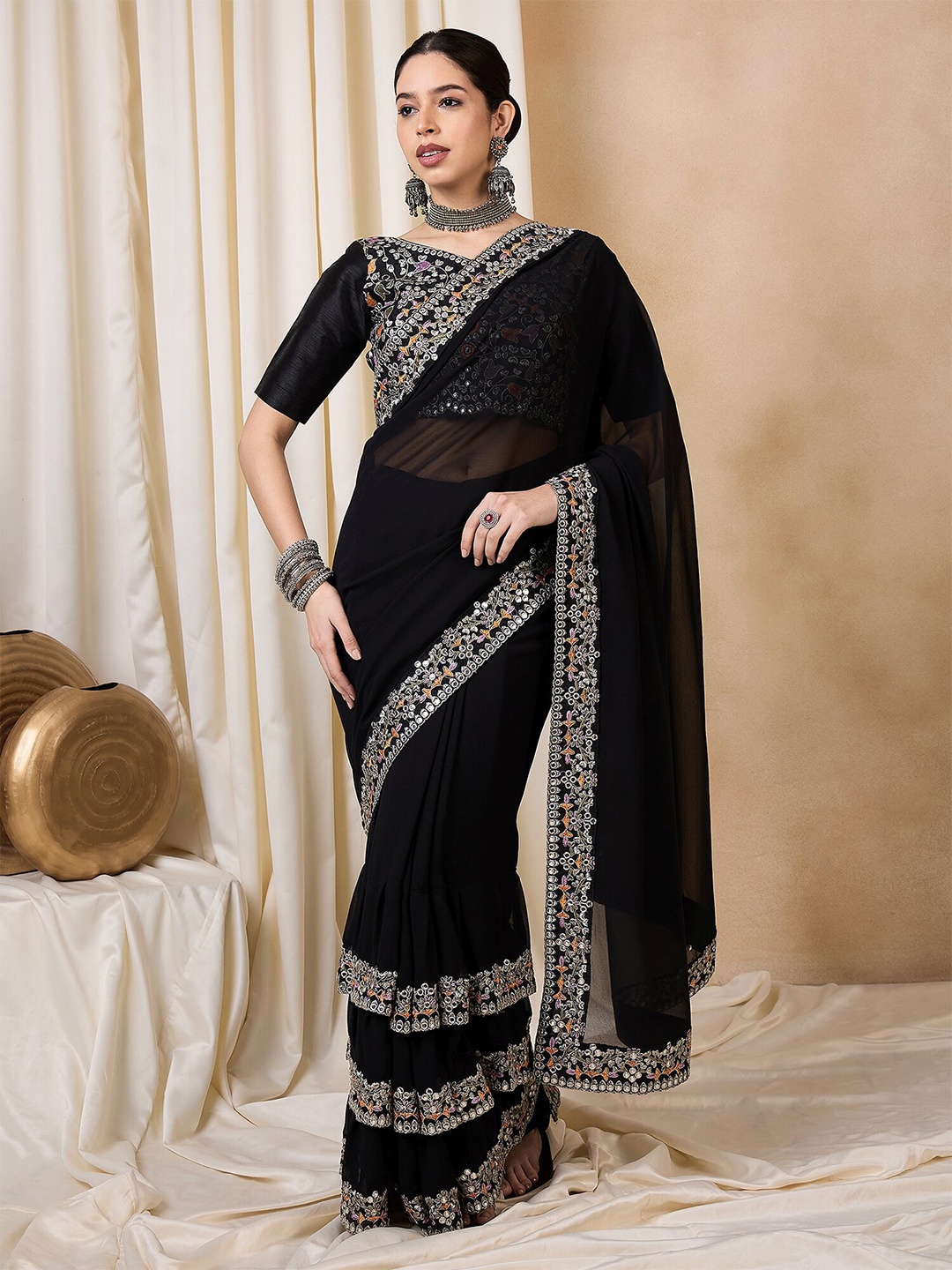 

Mitera Mirror Work Pure Georgette Saree, Black