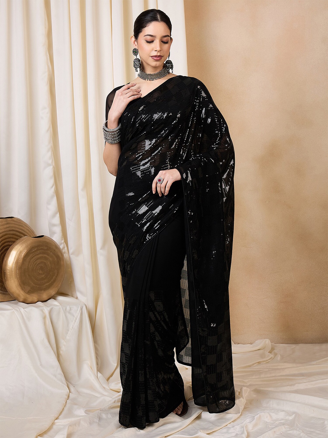 

Mitera Sequinned Pure Georgette Saree, Black