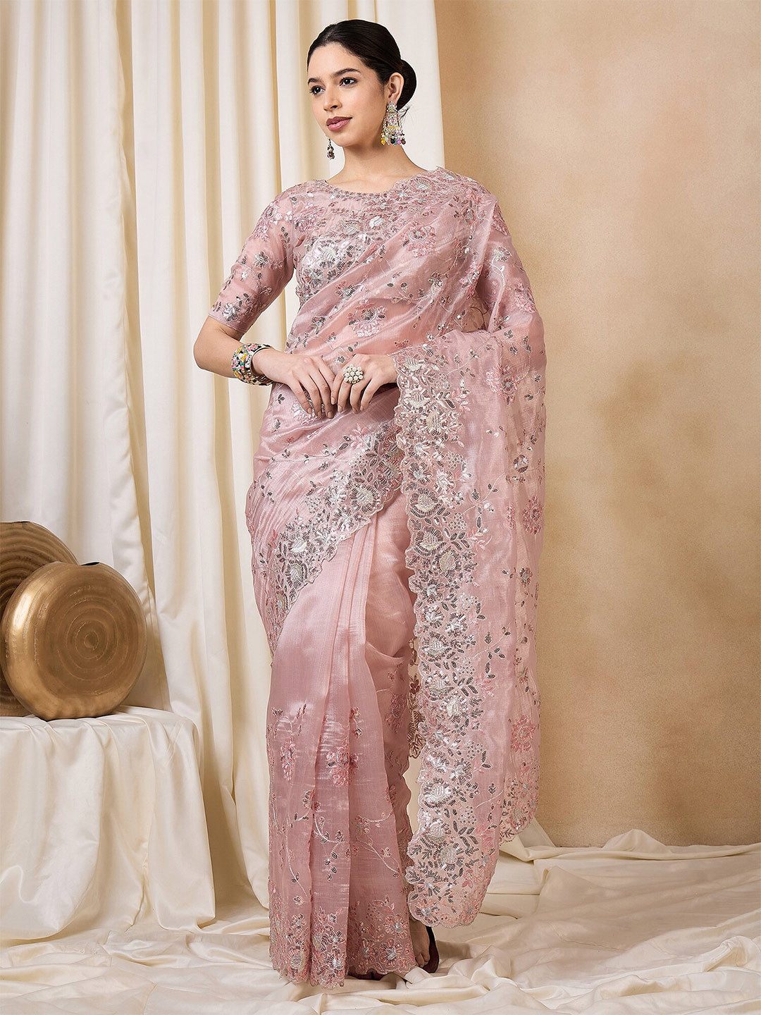 

Mitera Ethnic Motifs Sequinned Organza Heavy Work Saree, Rose gold