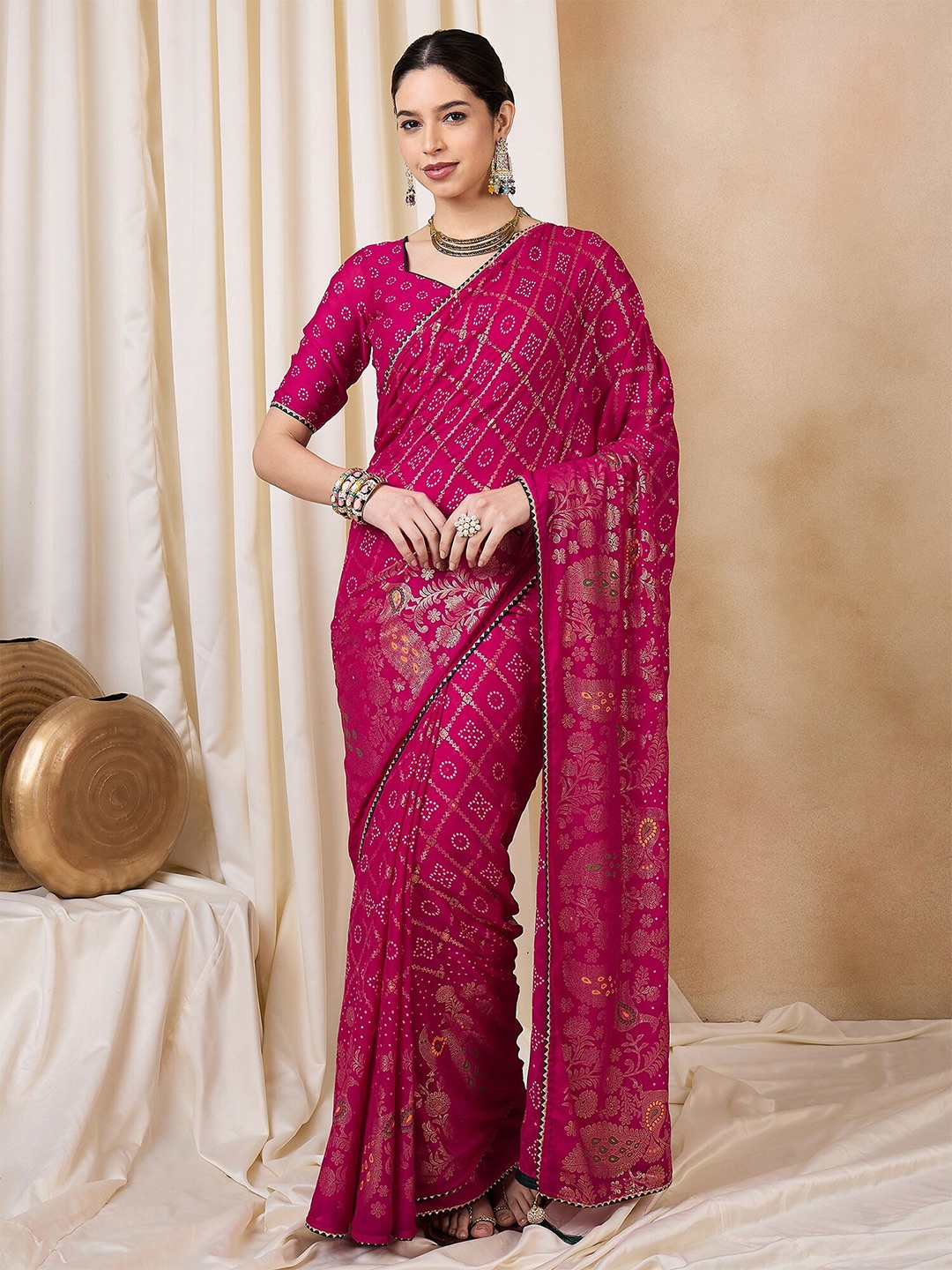 

Mitera Bandhani Gotta Patti Pure Georgette Bandhani Saree, Pink