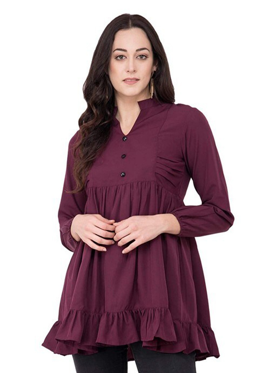 

Karmic Vision Mandarin Collar Crepe Empire Top, Maroon