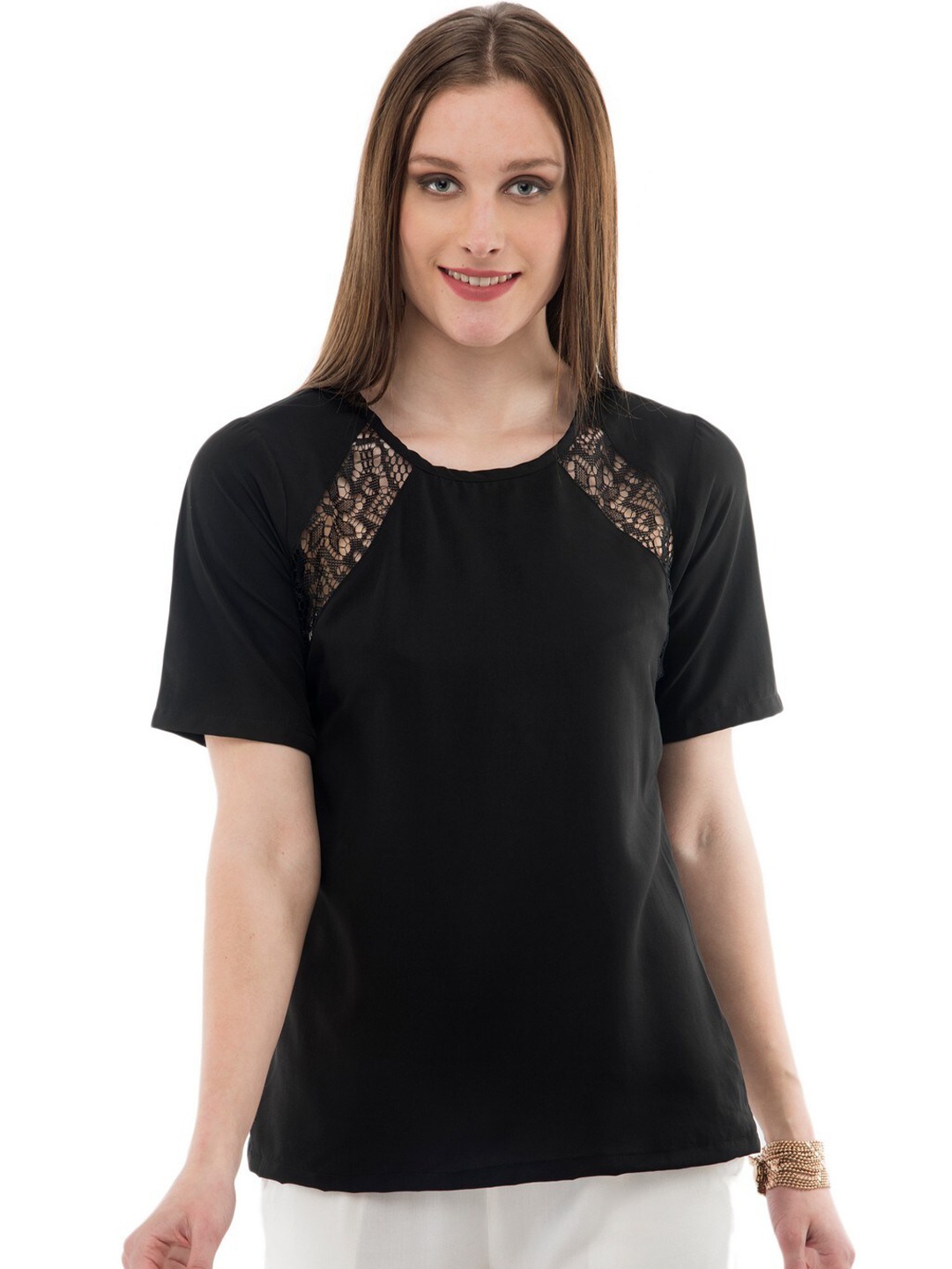 

Karmic Vision Round Neck Crepe Top, Black