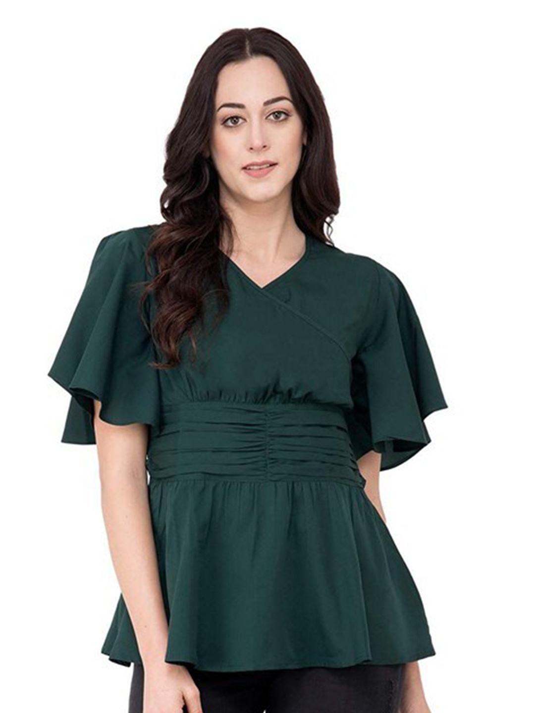 

Karmic Vision V-Neck Flutter Sleeve Gathered Crepe Peplum Top, Green