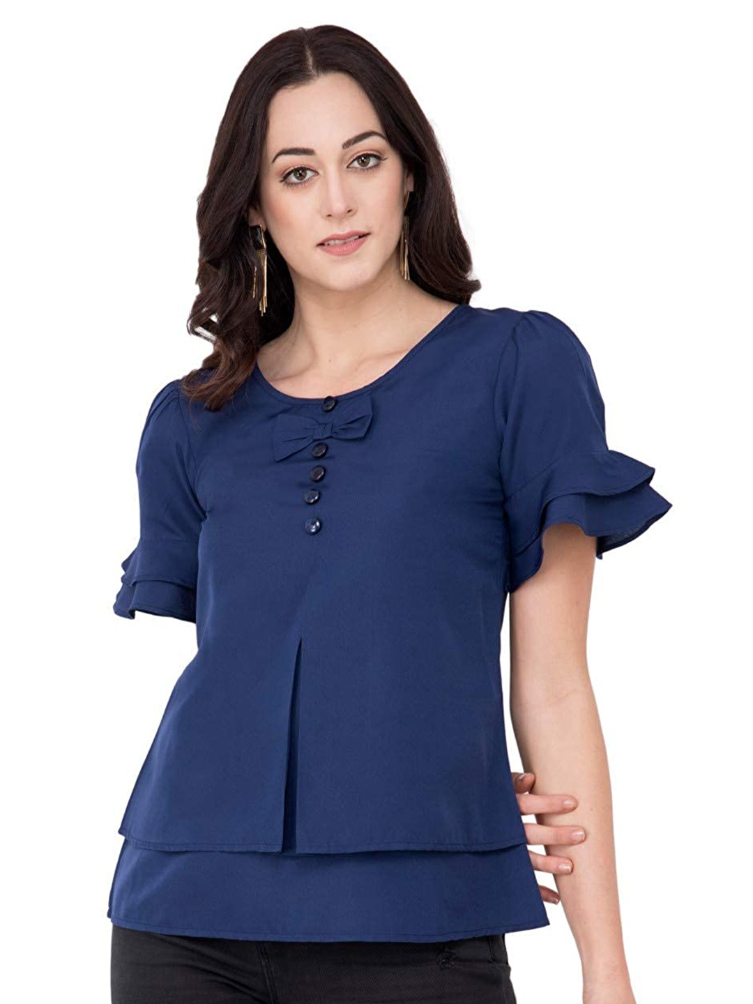 

Karmic Vision Round Neck Flared Sleeves Crepe Top, Blue