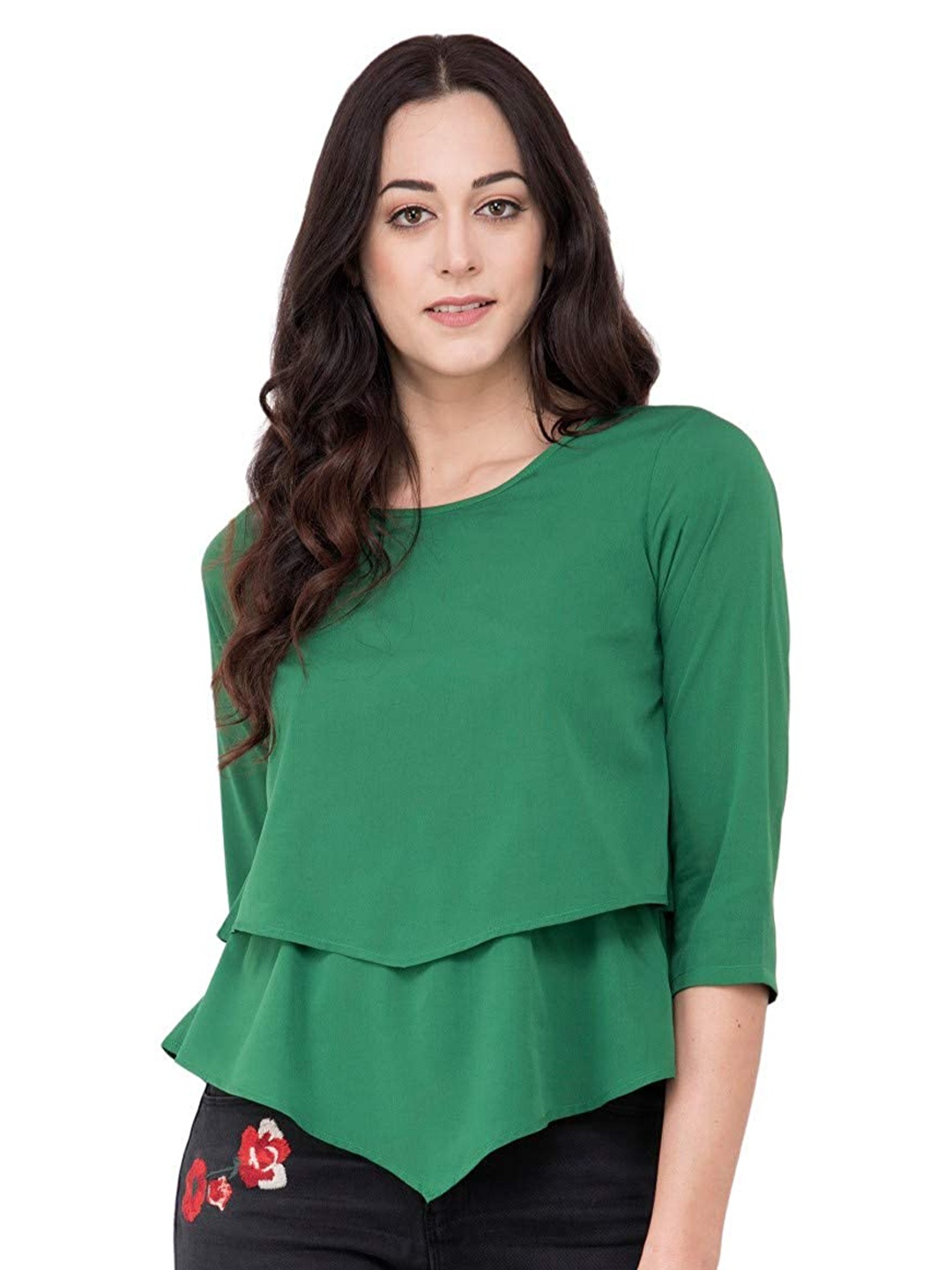

Karmic Vision Round Neck Layered Crepe Top, Green