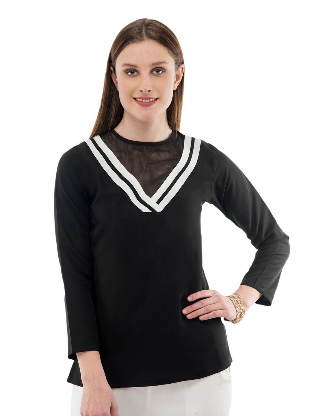

Karmic Vision Striped Crepe Top, Black