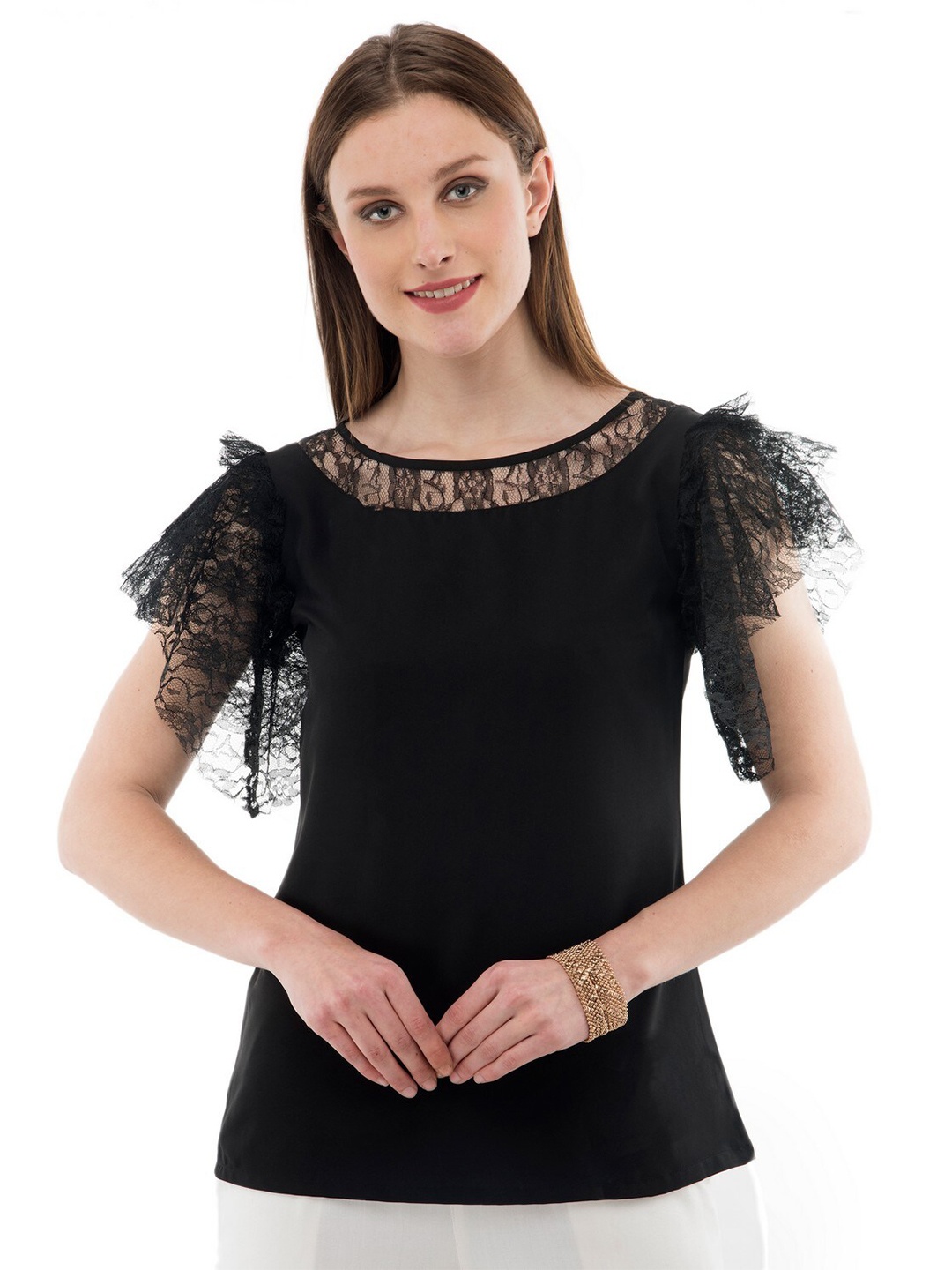 

Karmic Vision Round Neck Flutter Sleeves Crepe Top, Black