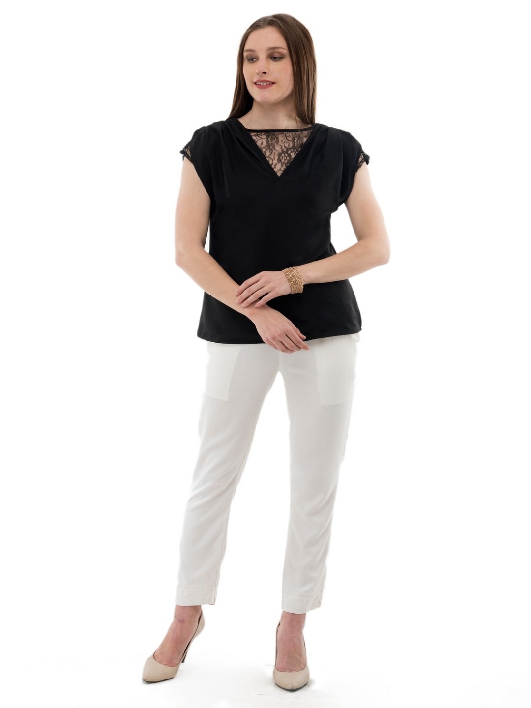 

Karmic Vision V-Neck Cap Sleeves Lace Inserts Crepe Top, Black