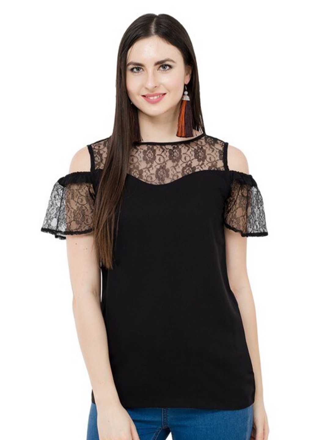 

Karmic Vision Self Design Cold-Shoulder Crepe Top, Black